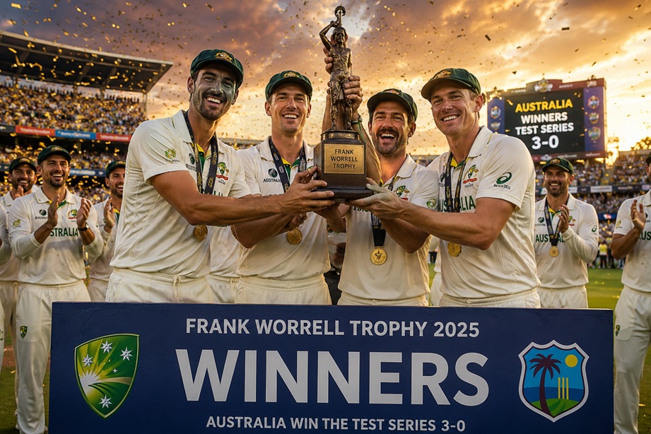 Australia vs West Indies Scorecard 2025 featuring Mitchell Starc and Travis Head during the Frank Worrell Trophy Test series