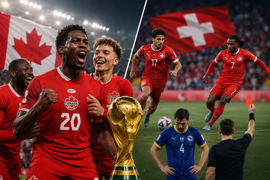 Canada First World Cup Win celebration during FIFA World Cup 2026 as Switzerland defeats Bosnia in Group B action.