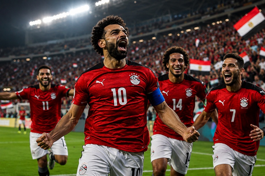 Egypt World Cup History Win as Mohamed Salah celebrates during Egypt's 3-1 victory over New Zealand at the FIFA World Cup.
