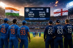 England vs India Scorecard showing batting, bowling, and match highlights