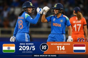 India Women vs Netherlands Women Scorecard featuring Smriti Mandhana and Shafali Verma during India's 95-run victory in the ICC Women's T20 World Cup 2026