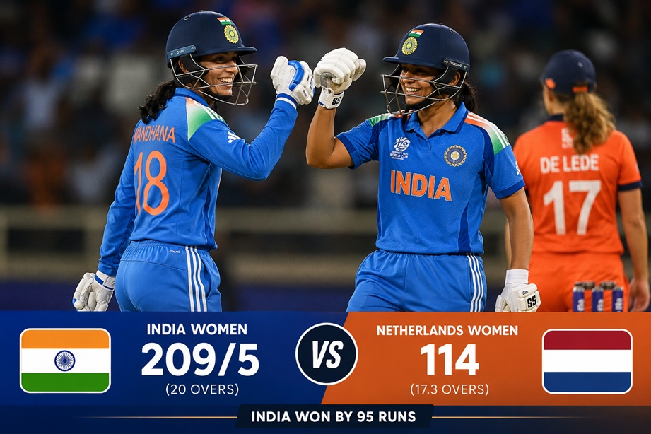 India Women vs Netherlands Women Scorecard featuring Smriti Mandhana and Shafali Verma during India's 95-run victory in the ICC Women's T20 World Cup 2026