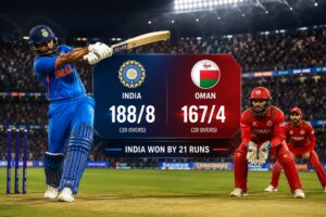 India vs Oman Match Scorecard during Asia Cup 2025 featuring Sanju Samson and Oman players at Sheikh Zayed Stadium Abu Dhabi