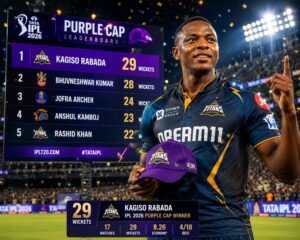 IPL 2026 Purple Cap Winner Kagiso Rabada celebrating after taking a wicket for Gujarat Titans