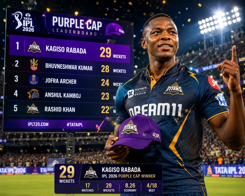 IPL 2026 Purple Cap Winner Kagiso Rabada celebrating after taking a wicket for Gujarat Titans