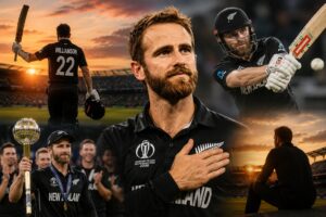 Kane Williamson Retirement News featuring Kane Williamson with the World Test Championship trophy during his farewell from international cricket