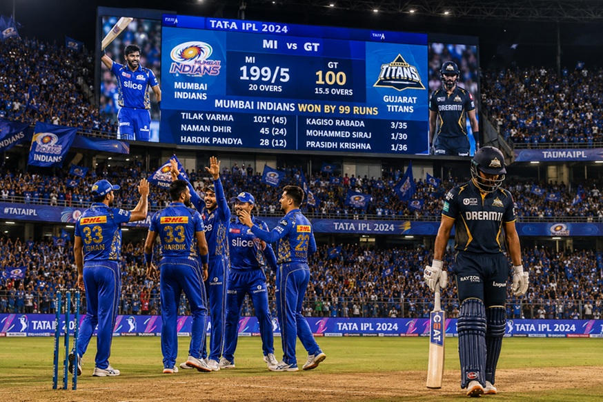 MI vs GT Scorecard showing Tilak Varma's century in Mumbai Indians' 99-run win over Gujarat Titans