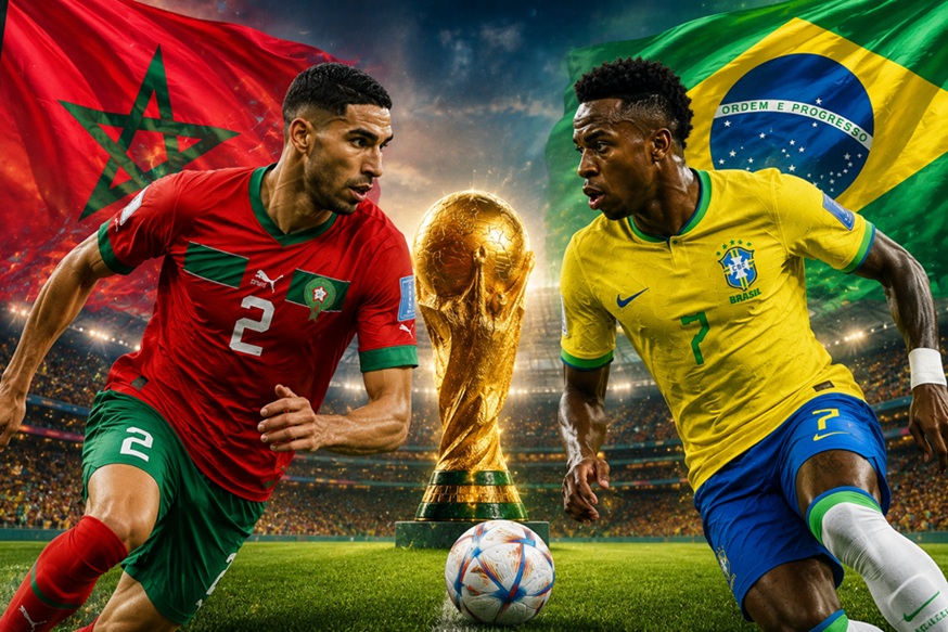 Morocco vs Brazil World Cup match featuring Achraf Hakimi and Vinícius Júnior in action