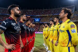 Royal Challengers Bengaluru vs Chennai Super Kings timeline featuring Virat Kohli and MS Dhoni in an iconic IPL rivalry match