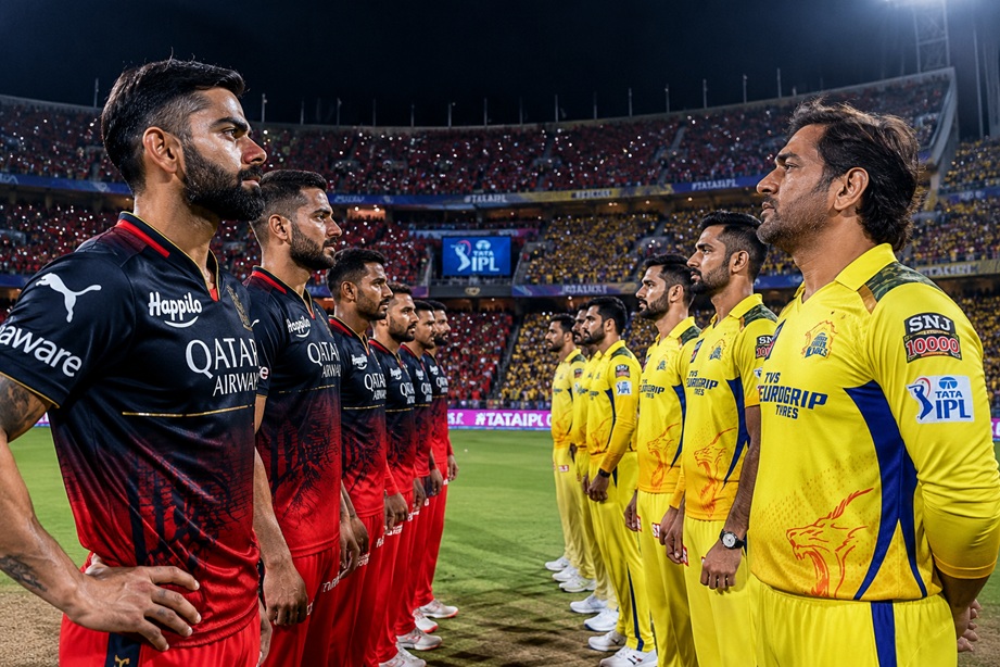 Royal Challengers Bengaluru vs Chennai Super Kings timeline featuring Virat Kohli and MS Dhoni in an iconic IPL rivalry match