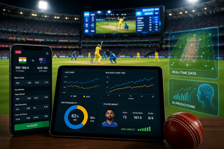 Real-Time Cricket Betting Data displayed with live odds, cricket statistics, and betting analytics during a T20 match