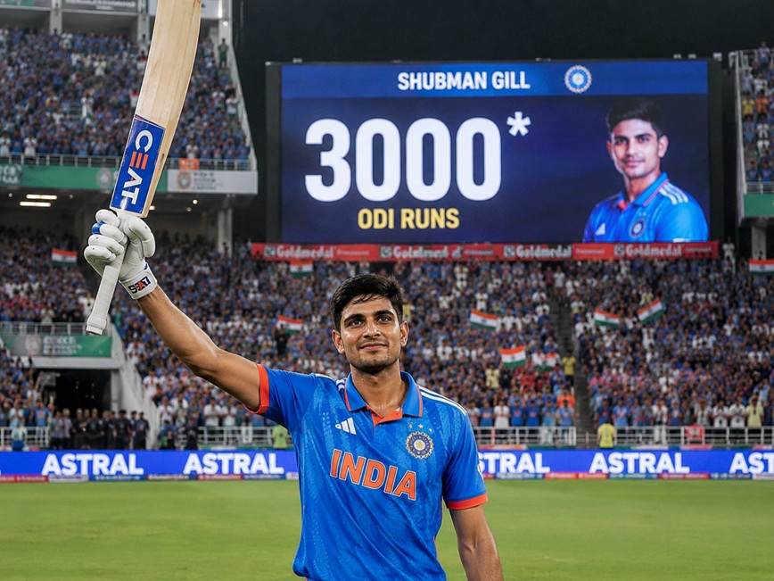 Shubman Gill 3000 ODI Runs milestone celebration during India vs Afghanistan ODI match