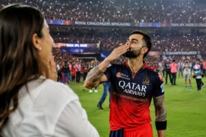 Virushka IPL Victory Moment as Virat Kohli blows a flying kiss to Anushka Sharma after hitting the winning six in the IPL final