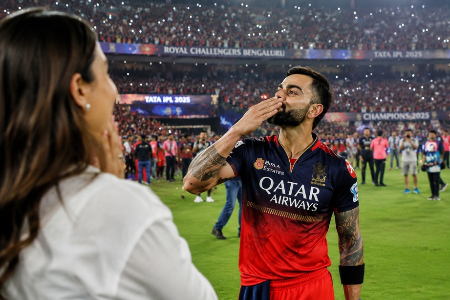Virushka IPL Victory Moment as Virat Kohli blows a flying kiss to Anushka Sharma after hitting the winning six in the IPL final