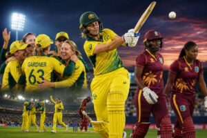Australia Women vs West Indies Women Scorecard – Beth Mooney and Ashleigh Gardner celebrate Australia's 8-wicket win in the ICC Women's T20 World Cup 2026 semi-final.