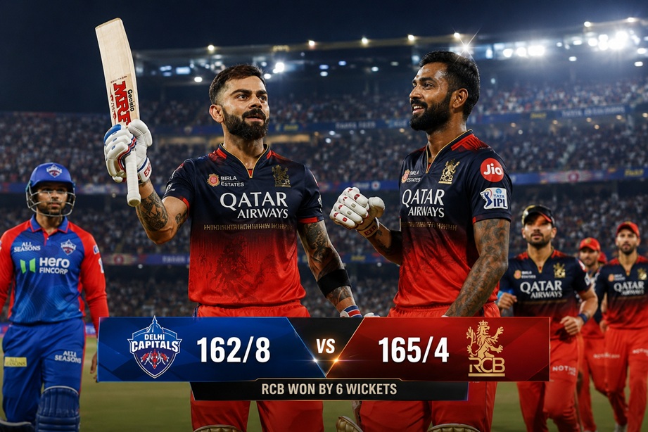 Delhi Capitals vs Royal Challengers Bengaluru Match Scorecard IPL 2025 featuring Virat Kohli and Krunal Pandya during RCB's six-wicket victory