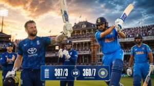 England vs India 3rd ODI Scorecard featuring Ben Duckett century and Rohit Sharma batting at Lord's