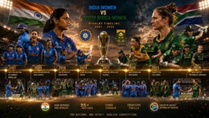 India Women vs South Africa Women Timeline featuring Harmanpreet Kaur and Laura Wolvaardt during the 2026 cricket rivalry