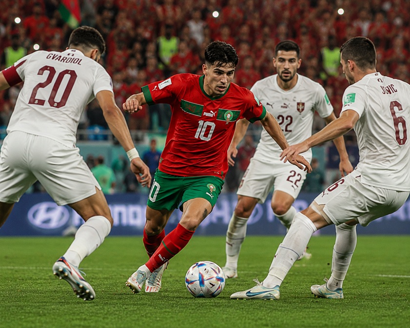 Morocco World Cup Semi-Final hopes with Achraf Hakimi and Morocco national football team celebrating before facing France