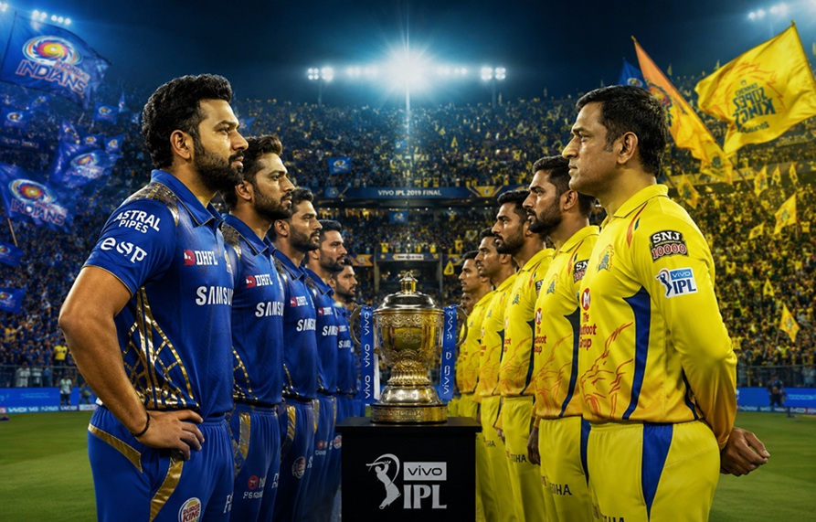 Mumbai Indians vs CSK Timeline featuring Rohit Sharma and MS Dhoni in the IPL rivalry through 2026