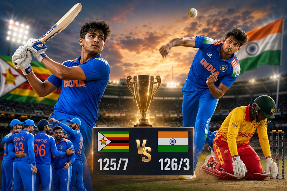 Zimbabwe India 1st T20I Scorecard 2026 showing India's 7-wicket win over Zimbabwe at Harare Sports Club