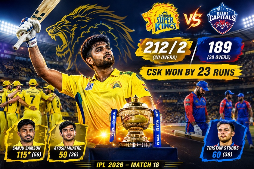 CSK vs DC Full Scorecard 2026 showing Chennai Super Kings 212/2 and Delhi Capitals 189