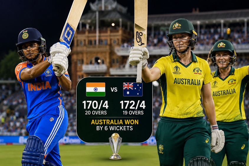 India vs Australia 2026 Scorecard showing individual runs and match result