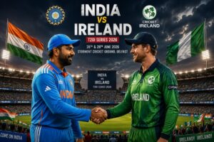India vs Ireland Timeline 2026 featuring the India National Cricket Team and Ireland National Cricket Team at Stormont Belfast