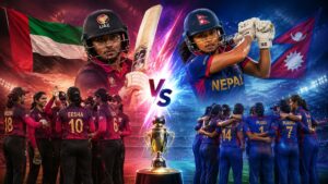 UAE Women vs Nepal Women Timeline 2026 showing Esha Oza and the match scoreboard