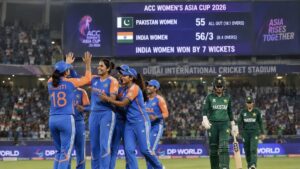 India Women Pakistan Scorecard 2026 showing India celebrating a 7-wicket victory over Pakistan Women in the Women's Asia Cup 2026