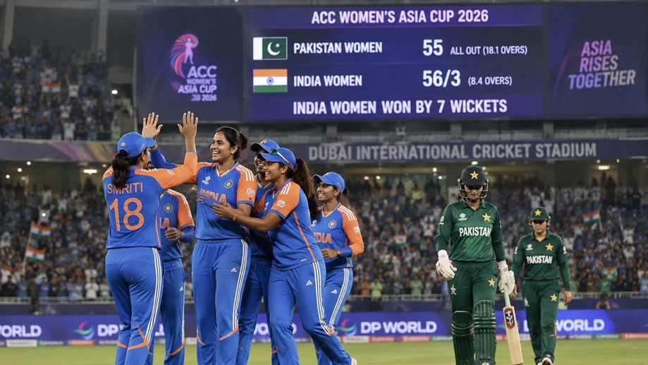 India Women Pakistan Scorecard 2026 showing India celebrating a 7-wicket victory over Pakistan Women in the Women's Asia Cup 2026
