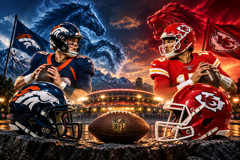 Broncos vs Chiefs MNF 2026 featuring Patrick Mahomes and Bo Nix at Arrowhead Stadium