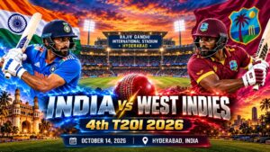 India vs West Indies 4th T20I preview 2026 at Hyderabad cricket stadium with Indian and West Indies players.