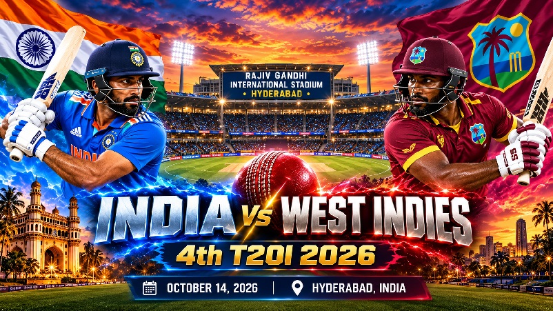 India vs West Indies 4th T20I preview 2026 at Hyderabad cricket stadium with Indian and West Indies players.